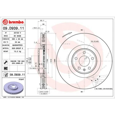 Afbeelding van BREMBO 09.D939.11 Remschijf 360 36 5 interne ventilatie, Gekerft Gecoat High carbon Met schroeven PORSCHE: Macan