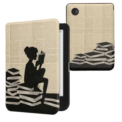 Afbeelding van kwmobile case compatibel met Kobo Clara BW/Colour Magnetische sluiting E reader cover Meisje boeken zwart/beige