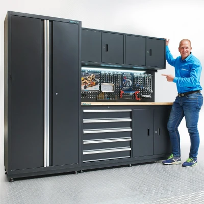 Afbeelding van Datona Werkbank 160cm Met Bovenkast En Brede Zijkast (250 x 60 200 cm) Matzwart