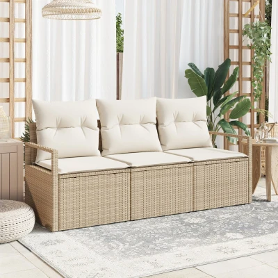 Afbeelding van vidaXL 3 delige tuinsofa set met kussens Beige Poly riet, 2 zits opbergruimte &amp; riet