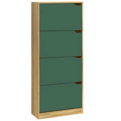 Afbeelding van BAKAJI Schoenenrek van MDF hout met 4 deuren, inklapbare schoenenhouder, intrekbare handgrepen, dubbele diepte, compact formaat, slank 63 x 24 150 cm, ruimtebesparend, entree (groen en eiken)