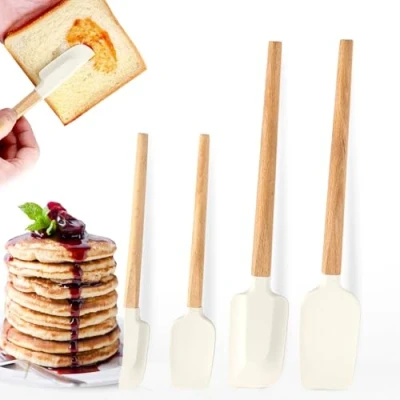 Afbeelding van siliconen spatels, 4 stuks deegschrapers, spatel met houten handvat, BPA vrij, kleine schraper, smal, anti aanbaklaag, set voor bakken, mengen, koken