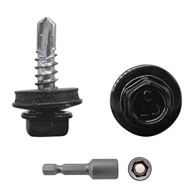 Afbeelding van Marcopol (Pack van 150 stuks) metalen dakschroeven, 4,8 x 19 mm zelfborende schroeven met EPDM ringen, geschilderde zeskantkop, plaatschroef (150, RAL 9005), zwart (RAL 9005)