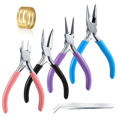 Afbeelding van Set van 4 sieradentangen, naaldentang, lange punttang, kettingtang, draadsnijder, sieradentang, knutselgereedschap, voor kralen, sieraden, halskettingen, reparatie, met 1 x ring, pincet