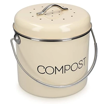 Afbeelding van Navaris metalen compostbak 5L Afvalbakje met 3x filter tegen vieze geuren Prullenbak deksel voor gft afval Compostemmer keuken Crème