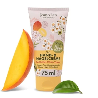 Afbeelding van Jean &amp; Len 3in1 Hand Nagelcrème 75 ml Intensive en met Avocado Olie Mangogeur Vegan Handcrème Ohne Gedøns