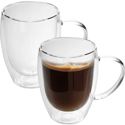 Afbeelding van Intirilife 2x Dubbelwandig thermo glas set in 300 400ml koffiemok geïsoleerd latte macchiato thee koffie