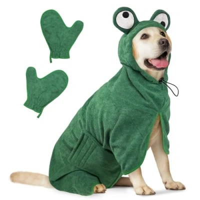 Afbeelding van Bibykivn Badjas voor honden, hondenbadjas van microvezel, verstelbare halsband met klittenbandsluiting, sneldrogende badhanddoek grote, middelgrote kleine honden/kat (groene kikker, L)