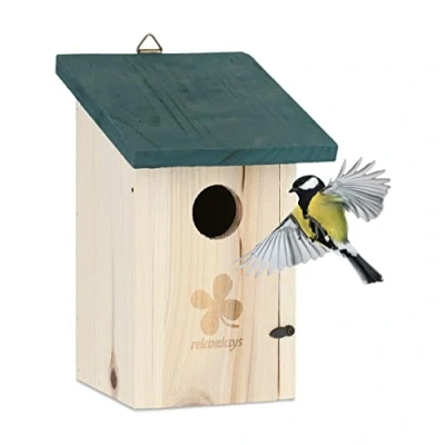 Afbeelding van Relaxdays nestkastje mussen en mezen hout 35 mm vogelhuisje natuur groen dak