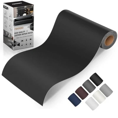 Afbeelding van FBKOQKU Reparatiestickers voor leer, zelfklevend, 10 x 200 cm, reparatiepleisters, kunstleer, banken, autostoelen, meubels, tassen, jassen, glad zwart