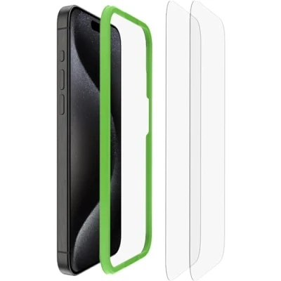 Afbeelding van Belkin ScreenForce TemperedGlass antimicrobiële screenprotector voor iPhone 15 Pro Max, slank, kristalhelder, krasbestendig, bevestigingsframe eenvoudig luchtbelvrij aanbrengen, 2 pack