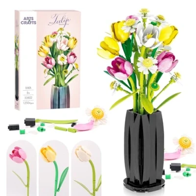 Afbeelding van Euakee Bouwpakket met bloemen, bouwset, bloemenbouwspeelgoedset vaas, doe het zelf planten, boeket, decoratie, idee geschenken voor Valentijnsdag, verjaardagen, Moederdag (tulpen)
