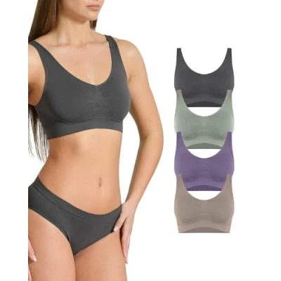 Afbeelding van Risalti BH zonder beugel, brede schouders, ecologisch vriendelijk, 4 stuks Brassiere damesbeha van zachte microvezel Yees Green, naadloze beha, duurzaam en ademend ondergoed Made in Italy