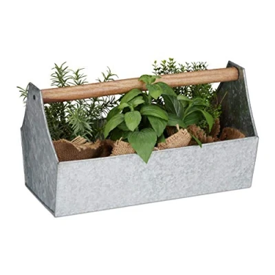 Afbeelding van Relaxdays bloembak metaal bloempot plantenbak gereedschapskist balkonbak vintage zilver