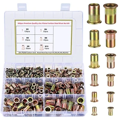 Afbeelding van 300 stuks assortiment van blindklinkmoeren, platte kop draadbusmoeren, koolstofstalen galvaniseerde kleur beschikbaarheid draadmoeren M3/M4/M5/M6/M8/M10