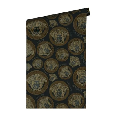 Afbeelding van &quot;MEDUSA HOOFD&quot; SATIJN GLANZEND BEHANG Design goud zwart A.S. Création Versace 5