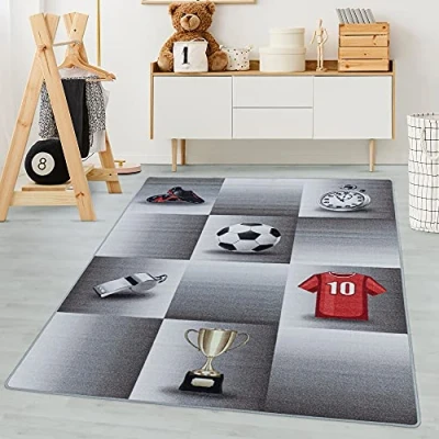 Afbeelding van Kindertapijten, Kleur Grijs, voetbal ontwerp, 105272, Vloerkleed Rechthoekig, kinderkamer babykamer, 80 x 120 cm
