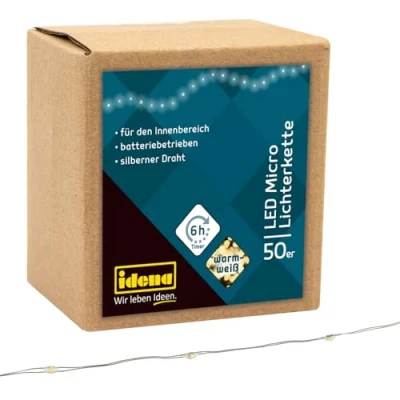 Afbeelding van Idena 31825, micro led lichtketting met 50 leds in warmwit, 6 uur timerfunctie, werkt op batterijen, ca. 5,2 m lang, voor feestjes, Kerstmis, decoratie, bruiloft, sfeerlicht