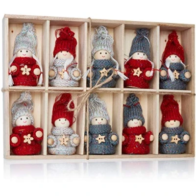Afbeelding van BRUBAKER 10 delige Set Kerstkabouters van Hout en Touw Boomhanger Kersthanger 8 cm in Geschenkdoosje