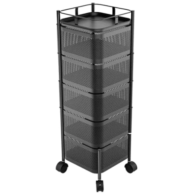 Afbeelding van joukares Roterend opbergrek voor keuken, 5 laags fruit en groenteopbergmand met wielen, keukenroterende trolley organizer fruit, groenten, kruidenierswaren, likdoorns, aardappel, ui, zwart,