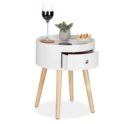 Afbeelding van Relaxdays bijzettafel rond, schuiflade, houten poten, Scandinavisch design, minimalistisch, HxD 46 x 38 cm, wit bruin