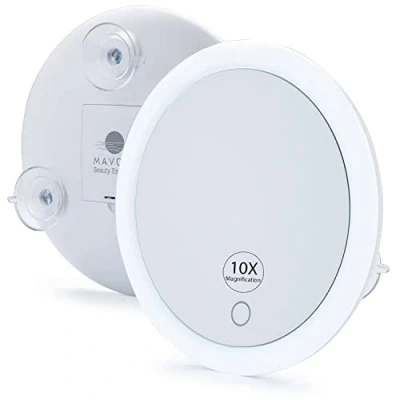 Afbeelding van 10x vergrotende spiegel met ledlicht en 3 sterke zuignappen. Compacte, verlichte make upspiegel.
