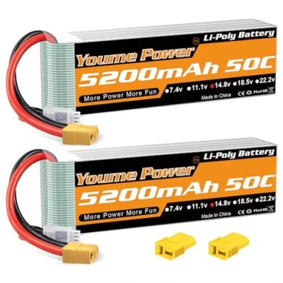 Afbeelding van Youme 4s Lipo batterij 5200mAh, 14.8v 50C XT60 en decanen T connector voor RC auto, Truck, Truggy, vliegtuig UAV Drone FPV (2Packs)