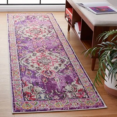 Afbeelding van SAFAVIEH Monaco Collection MNC243P Boho Chic medaillon in used look, pluisvrij, voor woonkamer, entree, foyer, hal, slaapkamer, 60 x 180 cm, violet/fuchsia