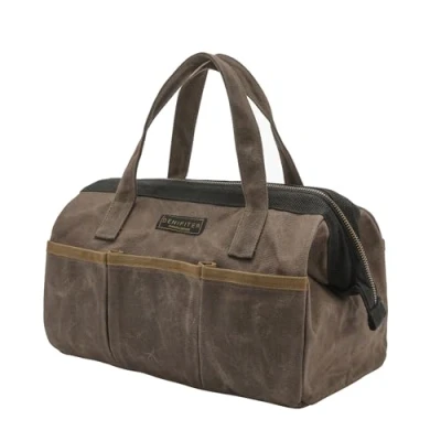 Afbeelding van Gereedschapstas, 33 cm hoog vermogen, 16 ounce gewaxt canvas met waterdichte brede hals, gereedschapstas handvat voor gereedschap, moersleutel, schroevendraaier (33 x 18 23 cm) grijs