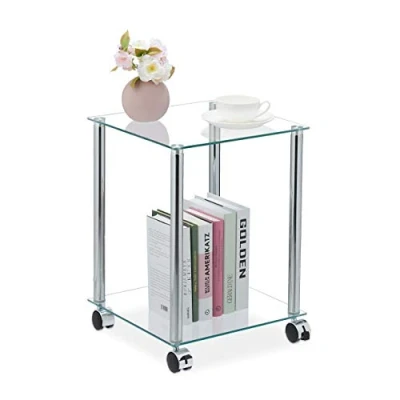 Afbeelding van Relaxdays bijzettafel op wielen, 2 etages, vierkant, woonkamer, glas &amp; staal, verrijdbare salontafel, doorzichtig/zilver
