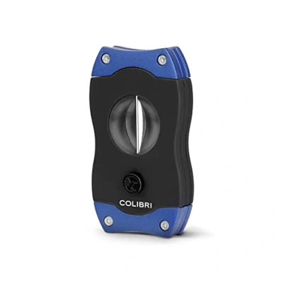 Afbeelding van Colibri V cut sigaarsnijder zwart met blauwe afwerking veerbelaste release diepe 7 mm tot 60+ ringmeter sigaren ergonomisch ontwerp