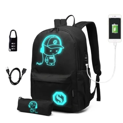 Afbeelding van School Rugzak Kinderrugzakken Zwart Casual Dagrugzak met Pencil Case Uniseks Anime Boekentas Lichtgevende Zak Waterdichte 15.6 Inch Reizen Laptop Tassen voor Jongens Meisjes USB poort
