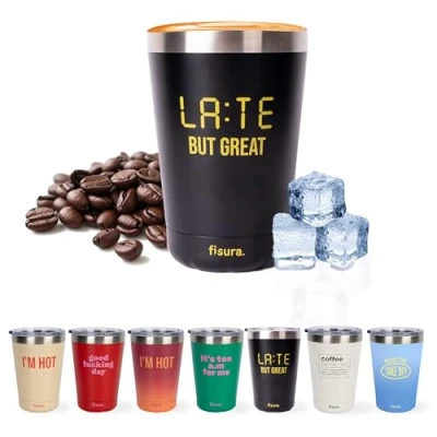 Afbeelding van Fisura Originele Thermosbeker &quot;Late but great&quot;. voor koffie om mee te nemen, zwart. Koffiekopje 310 ml. Thermische roestvrijstalen beker. BPA vrij. Autobeker.