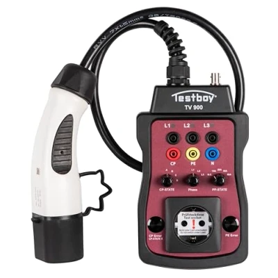 Afbeelding van Testboy TV 900 laadstationadapter voor het testen van type 2 laadstations (installatietester of multimeter aansluitbaar, LED, ingebouwde Schuko aansluiting met faseschakeling), zwart/rood