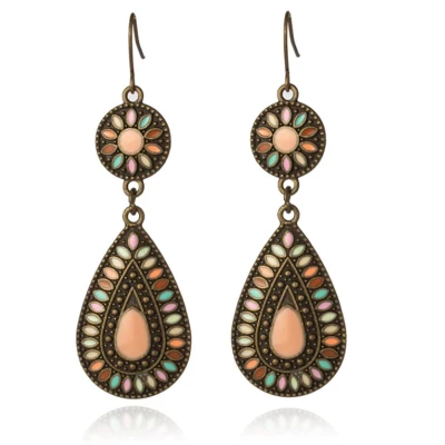 Afbeelding van Druppelvorm Bohemian oorbellen hangers multicolor roze steen