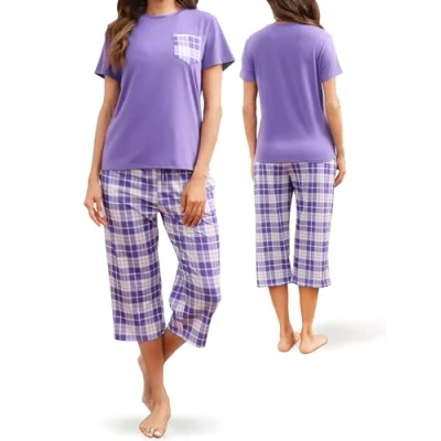 Afbeelding van Reliwel Pyjama voor dames, katoen, pyjamaset kort, geruit, Pijama met korte mouwen en 3/4 broek, nachtkleding, zacht, comfortabel, 2 delig, S XXL, Grijs,