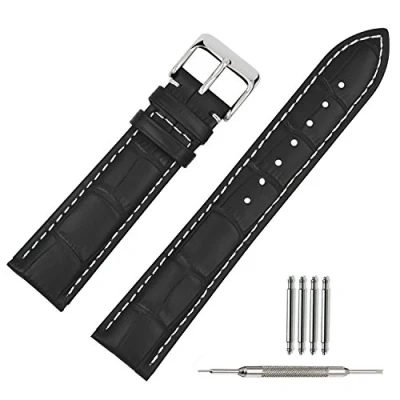 Afbeelding van TStrap lederen horlogebandjes Zachte, zwarte vervangende met krokodil reliëf Militaire voor mannen vrouwen Smart horloge armbandsluiting 14 mm, 16 18 19 20 21 22 mm of 24 Zwart/Wit Steek, 22mm