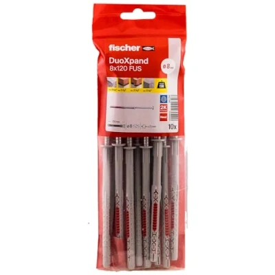 Afbeelding van fischer DuoXpand 8 x 120 FUS, hoogwaardige universele pluggen met zeskantschroef en gevormde U schijf (10 stuks), voor sterke grip, ideaal poreuze bouwmaterialen verankeringen dicht