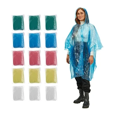 Afbeelding van Relaxdays regenponco, set van 15, wandelen &amp; festivals, 5 kleuren, met mouwen, lang, regencape voor mannen en vrouwen