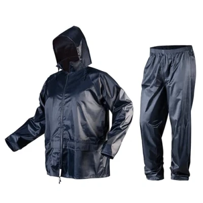 Afbeelding van NEO TOOLS Regenset voor heren, regenjas met capuchon en regenbroek, maat M XXXL, verlijmde naden, ritssluitingen zakken beschermd tegen water, ventilatieopeningen, 100% polyester 170 g/m2, blauw, L