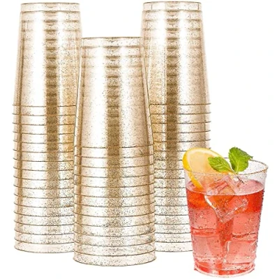 Afbeelding van KAHEIGN 50 stuks partybekers, plastic, borrelglazen met gouden glitter, 300 ml, ronde dessertbekers, transparant, herbruikbaar, voor whisky, pudding, mousse, party (7,5 x 9,5 cm)