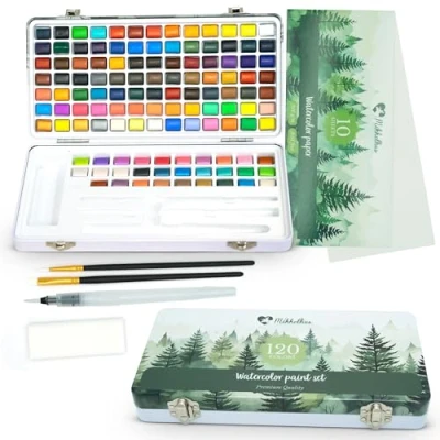Afbeelding van Mikkelhus Professionele Aquarelverf Set Verfset met 120 diverse kleuren aquarelverf, papier, waterpenseel, kwasten en spons Voor kinderen volwassenen