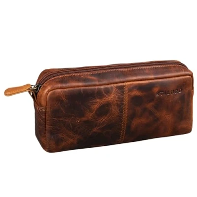 Afbeelding van STILORD &#039;Spencer&#039; lederen pennenbakje vintage met ritssluiting cosmetische tas organizer slordige roltasje echt leer, Kleur:kara cognac