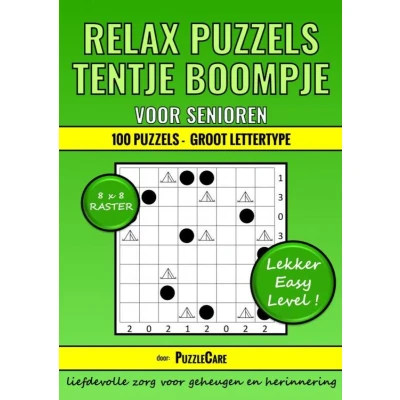 Afbeelding van Tentje Boompje Relax Puzzels voor Senioren 8x8 Raster 100 Groot Lettertype Lekker Easy Level!: Geheugentraining Ouderen: Zeer Eenvoudig ... Inclusief Uitleg en Oplossingen