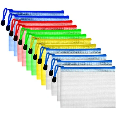 Afbeelding van Sixfolo Documentenvakken, A6, 12 stuks, van gaasdoek, kunststof, ritssluiting, waterdicht, vak met set voor kantoorbenodigdheden, documenten, cosmetica en reisbenodigdheden
