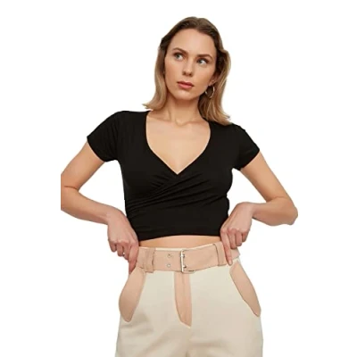 Afbeelding van Trendyol Zwarte Getailleerde/Strakke Cropped Viscose Stretch Gebreide Blouse Met Dubbele Rij Knopen Twoss22Bz0536