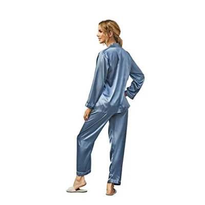 Afbeelding van Ladieshow Vrouwen Pyjama Satijn Dames Pj Set Lange Mouw Nachtkleding Tweedelige Set, Grijs Blauw, S