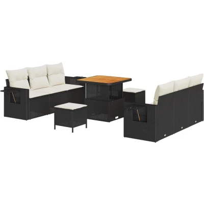 Afbeelding van vidaXL 9 delige Tuin Sofa Set met Kussens Zwarte Poly Rattan Acacia
