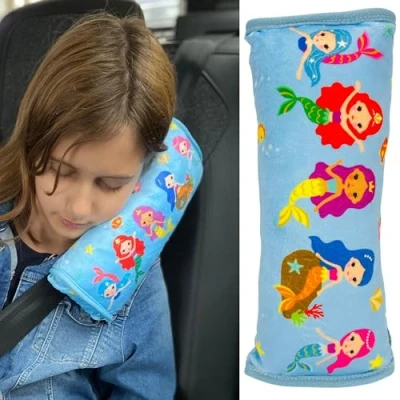 Afbeelding van HECKBO auto slaapkussen voor kinderen machine wasbaar zacht autogordelkussen, gordelbeschermer, gordelkussen, autokussen, reiskussen, vakantie 30x12cm (Zeemeermin)