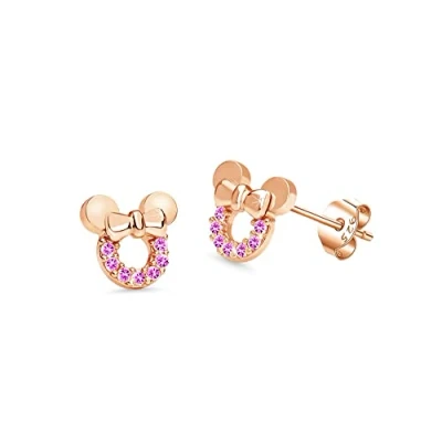 Afbeelding van Kaguyo Minnie Mouse oorbellen, roséverguld 925 sterling zilver amethist wit blauw roze zirkonia Mickey oorknopjes voor dames meisjes, schattig ontwerp verjaardagscadeau (roze)